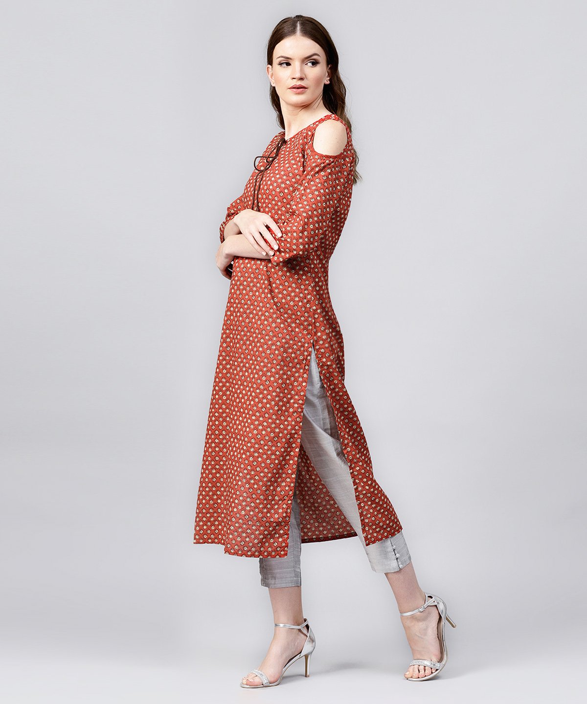 Red Printed 3/4Th Sleeve Cold Shoulder Cotton Assymetric Kurta With Dori Work At Yoke | LASVINI - Redefining Indian Fashion with Elegance