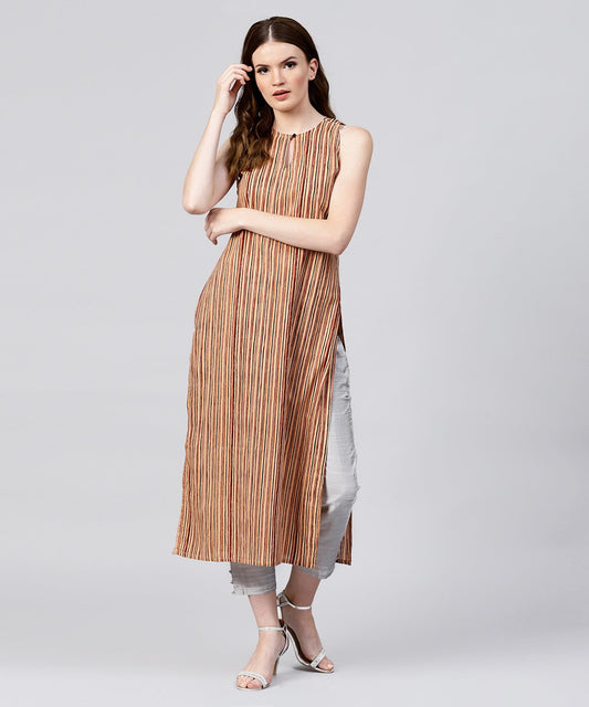 Beige Striped Sleeveless Cotton Long Kurta | LASVINI - Redefining Indian Fashion with Elegance