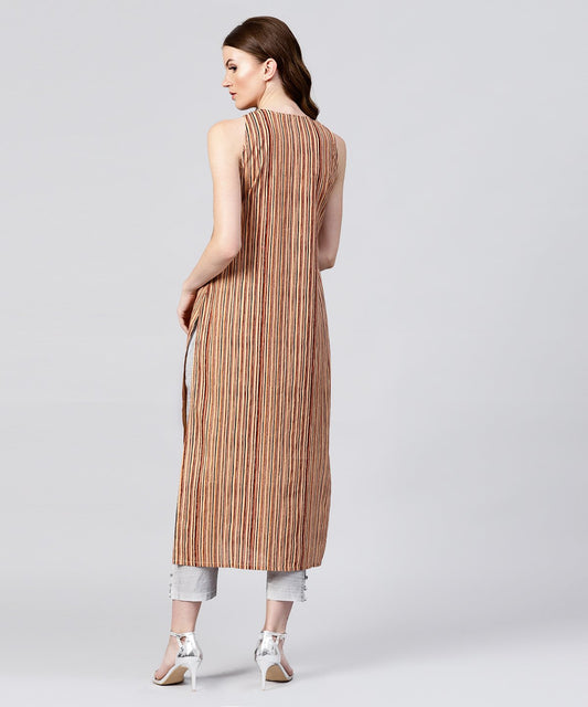 Beige Striped Sleeveless Cotton Long Kurta | LASVINI - Redefining Indian Fashion with Elegance