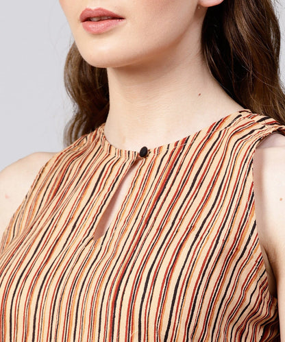 Beige Striped Sleeveless Cotton Long Kurta | LASVINI - Redefining Indian Fashion with Elegance