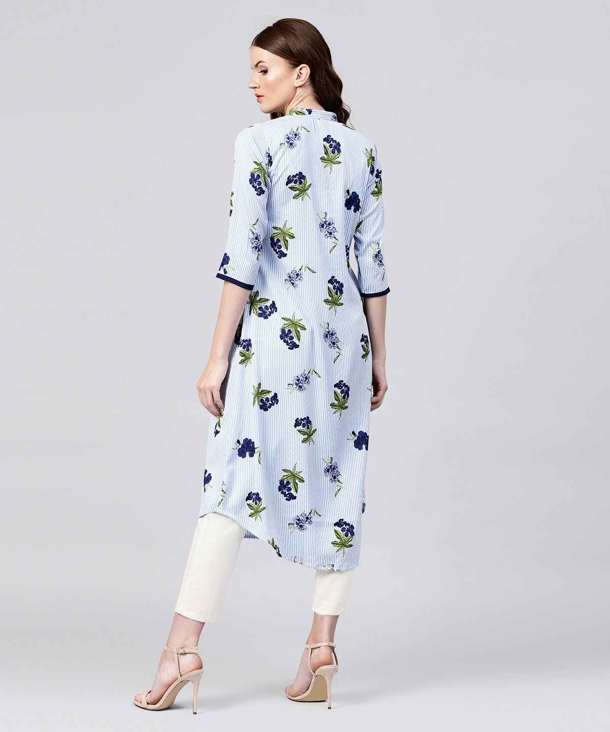 Blue Striped 3/4Th Sleeve Crepe A-Line Kurta | LASVINI - Redefining Indian Fashion with Elegance