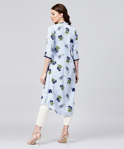 Blue Striped 3/4Th Sleeve Crepe A-Line Kurta | LASVINI - Redefining Indian Fashion with Elegance