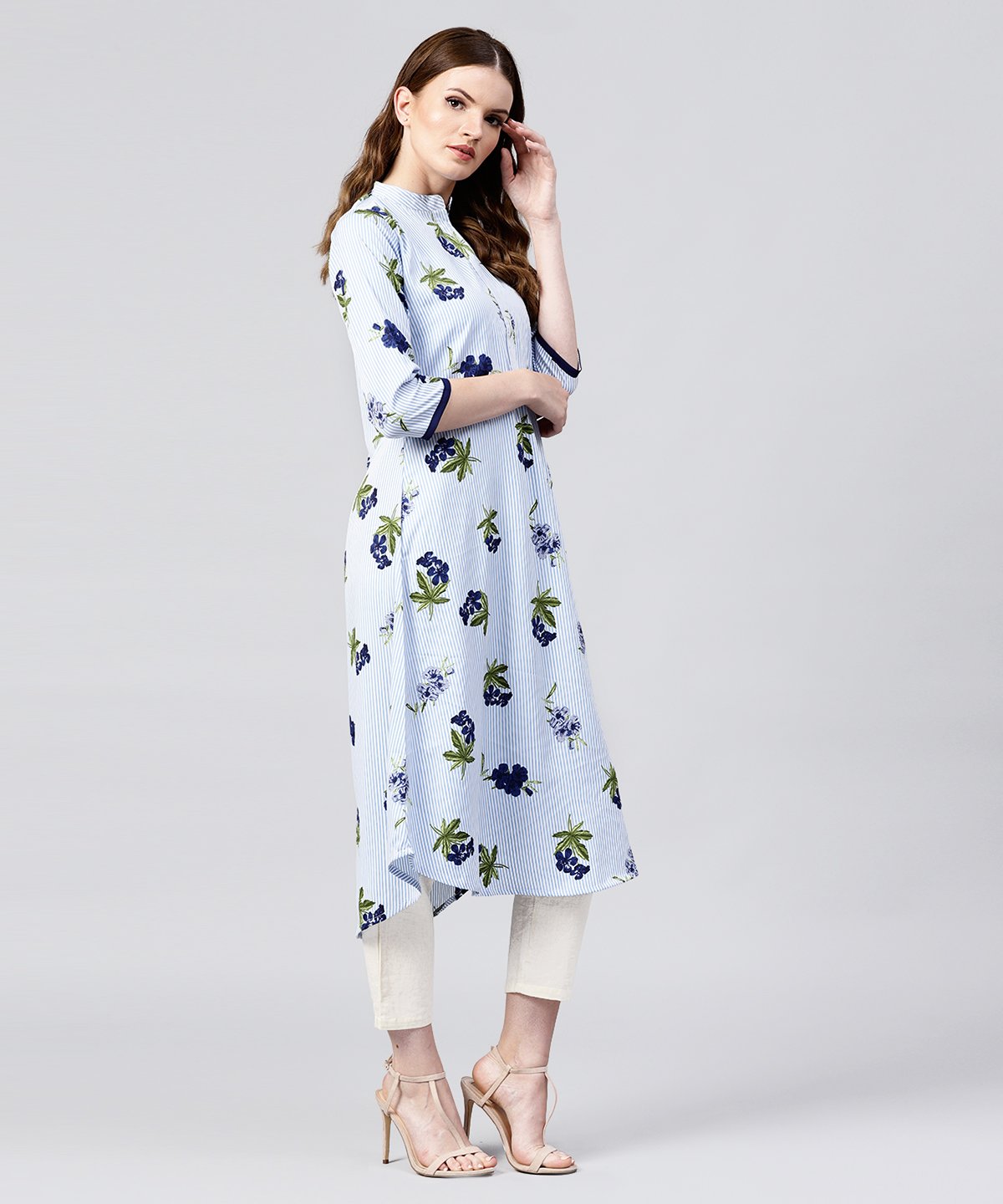 Blue Striped 3/4Th Sleeve Crepe A-Line Kurta | LASVINI - Redefining Indian Fashion with Elegance