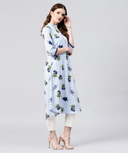 Blue Striped 3/4Th Sleeve Crepe A-Line Kurta | LASVINI - Redefining Indian Fashion with Elegance