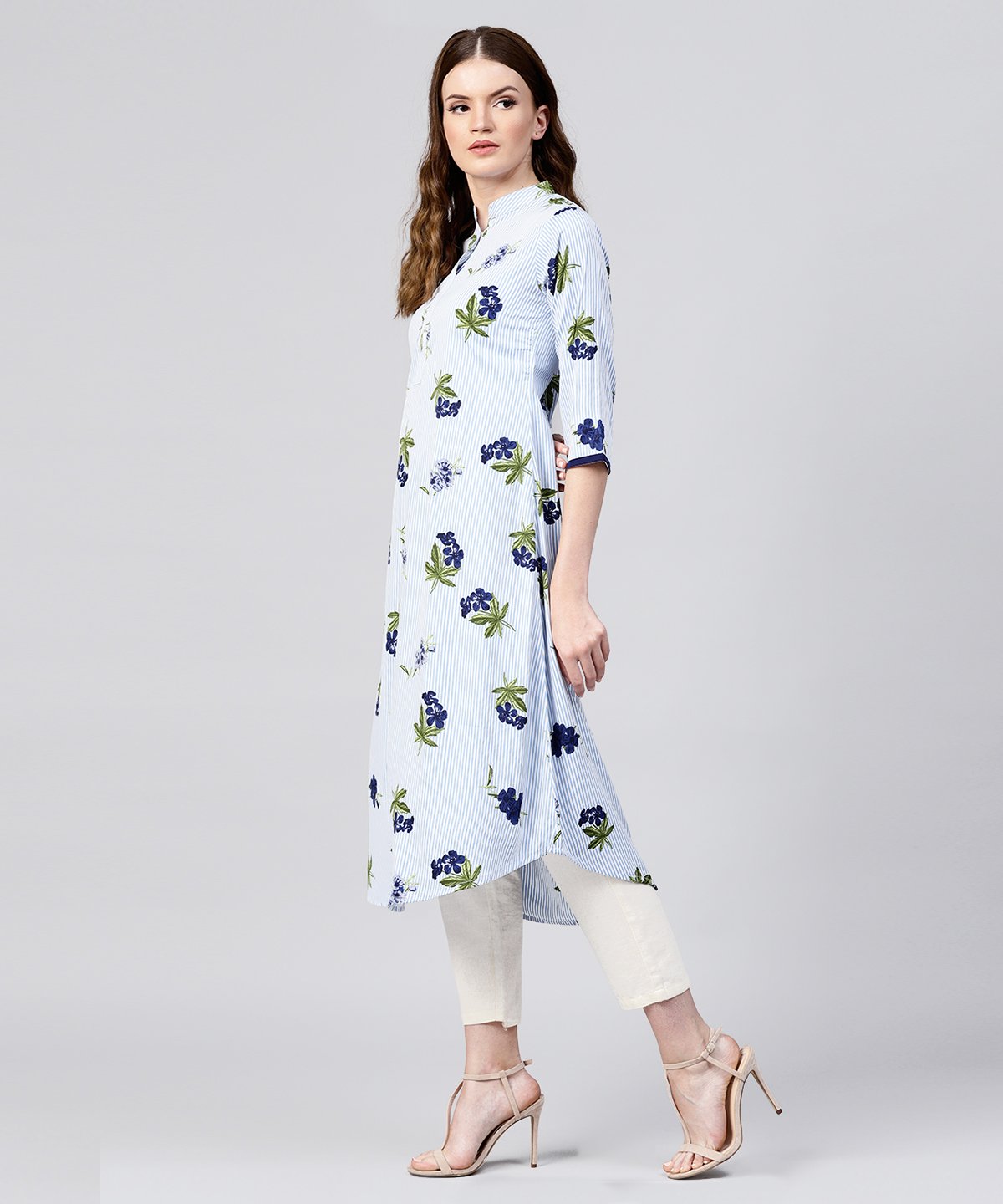 Blue Striped 3/4Th Sleeve Crepe A-Line Kurta | LASVINI - Redefining Indian Fashion with Elegance