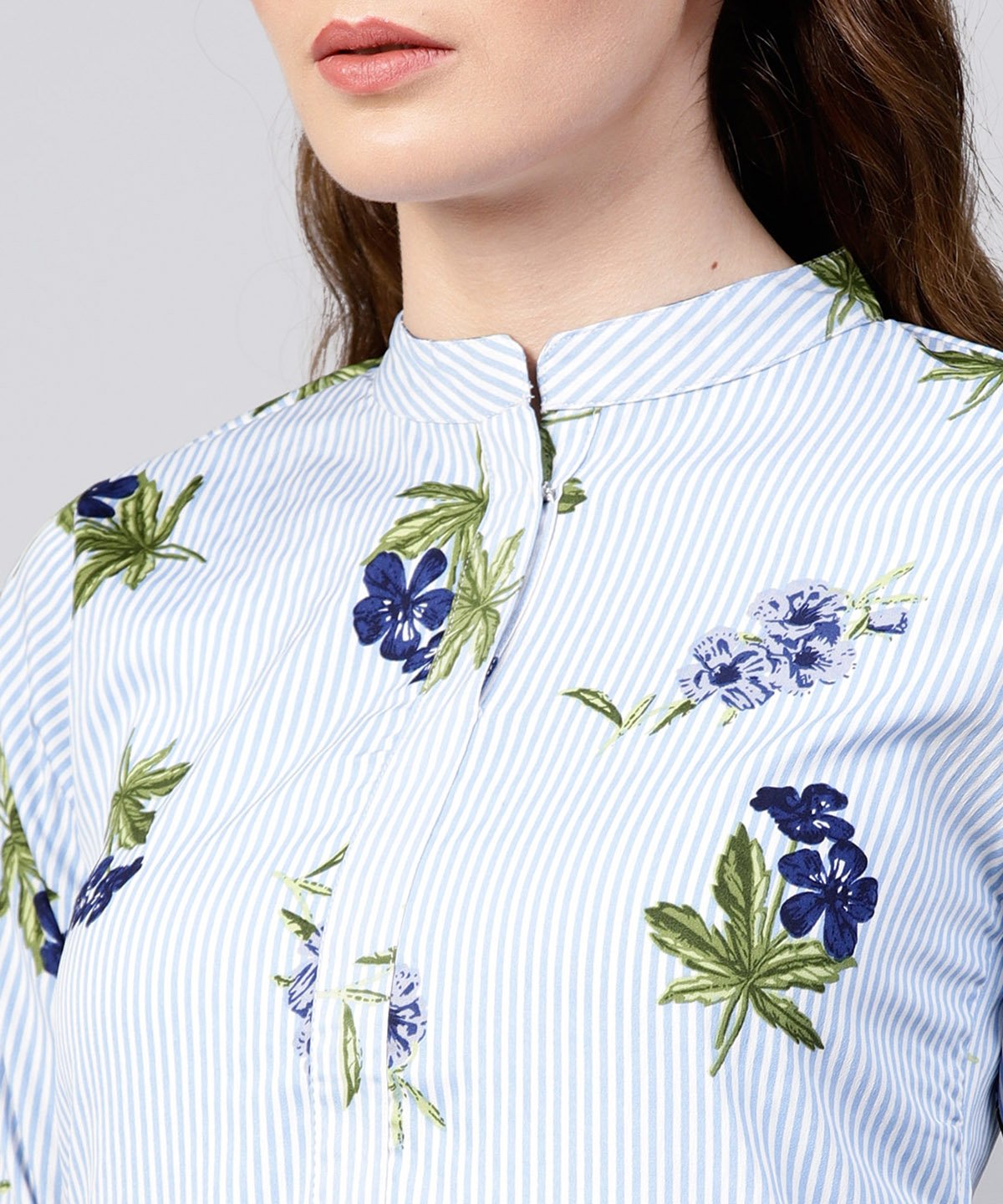 Blue Striped 3/4Th Sleeve Crepe A-Line Kurta | LASVINI - Redefining Indian Fashion with Elegance