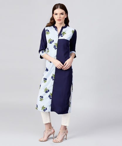 Blue Striped Printed 3/4Th Sleeve Crepe Kurta | LASVINI - Redefining Indian Fashion with Elegance