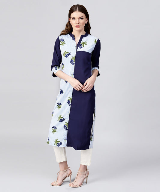 Blue Striped Printed 3/4Th Sleeve Crepe Kurta | LASVINI - Redefining Indian Fashion with Elegance