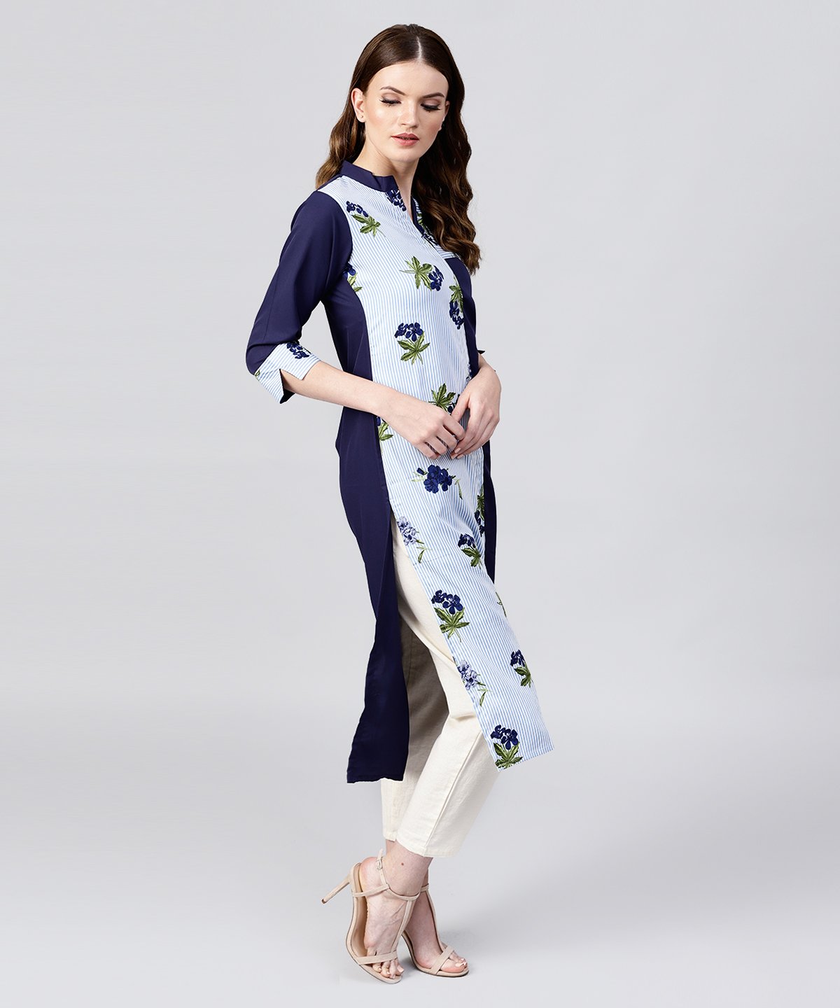 Blue Striped Printed 3/4Th Sleeve Crepe Kurta | LASVINI - Redefining Indian Fashion with Elegance