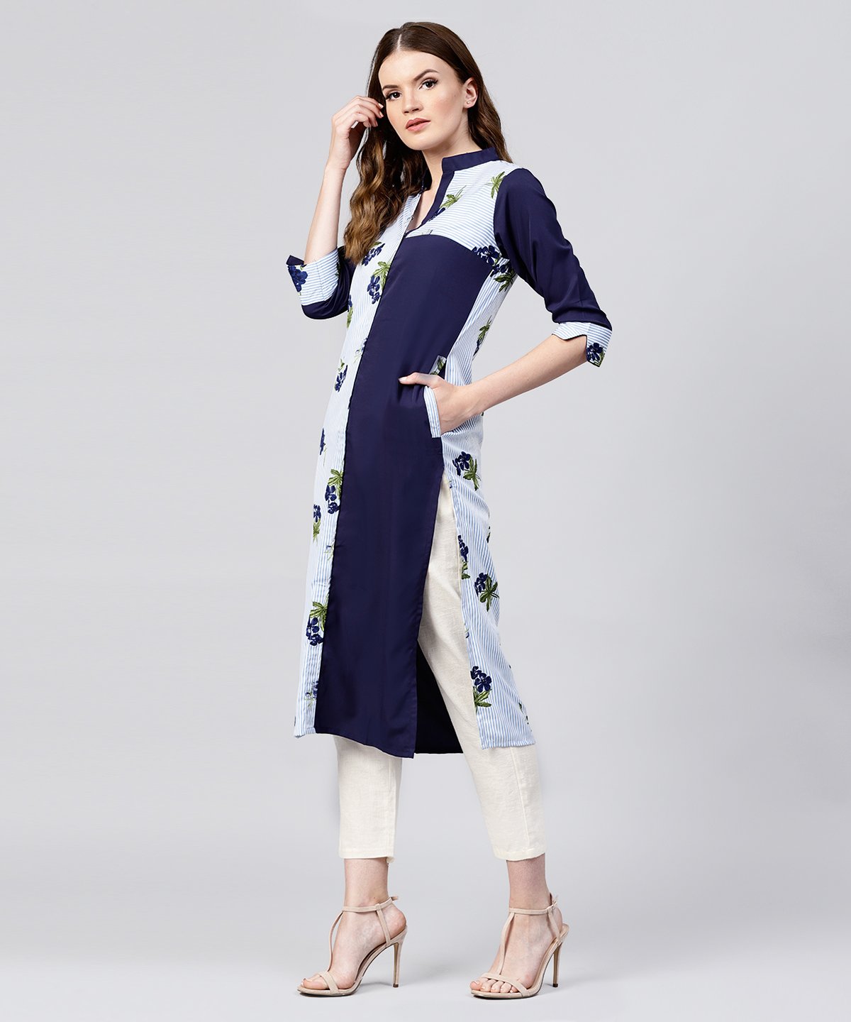 Blue Striped Printed 3/4Th Sleeve Crepe Kurta | LASVINI - Redefining Indian Fashion with Elegance