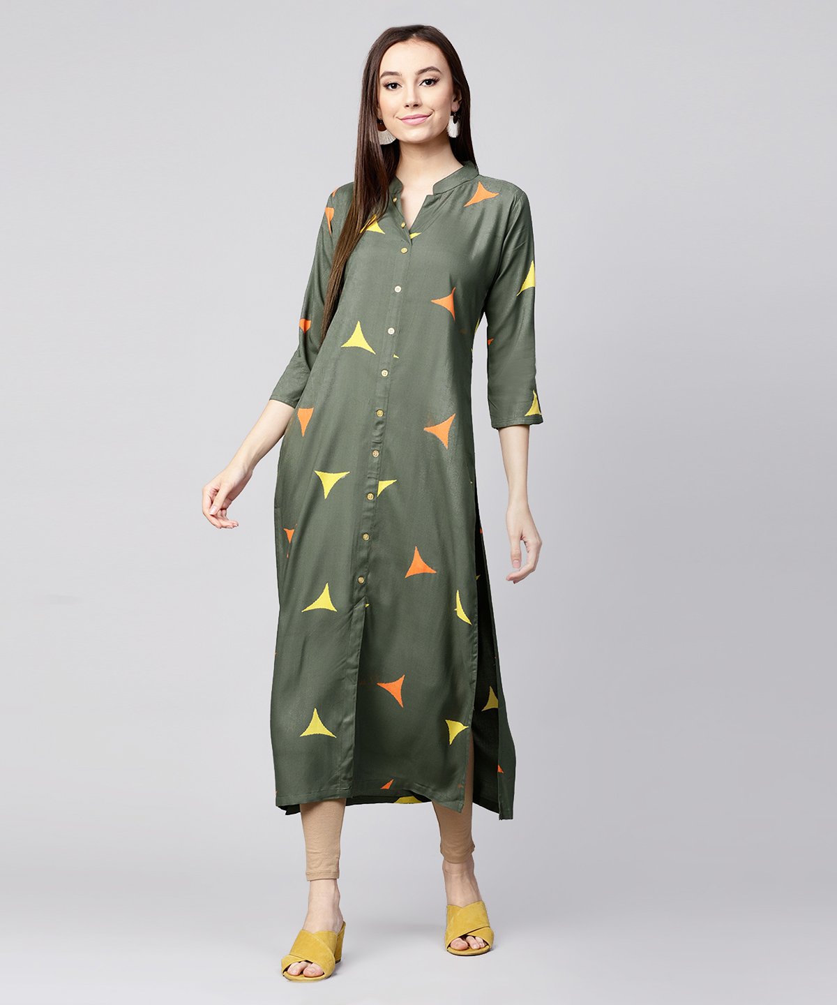 Green Printed 3/4Th Sleeve Cotton Front Open Kurta | LASVINI - Redefining Indian Fashion with Elegance