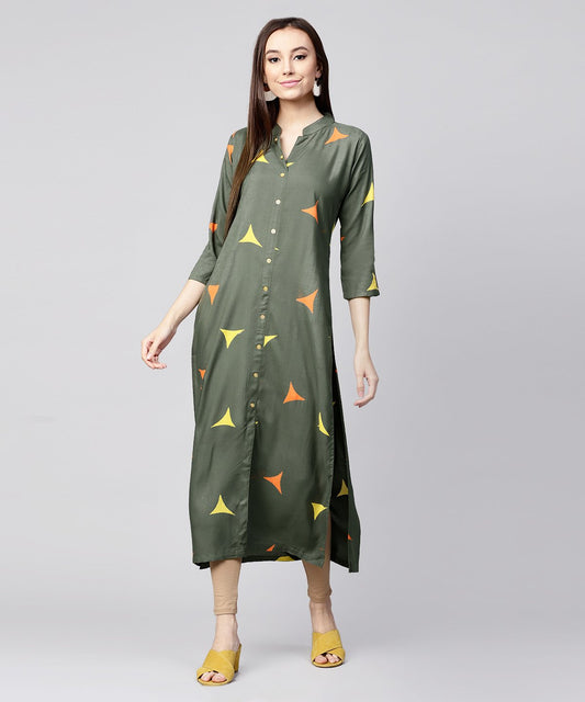 Green Printed 3/4Th Sleeve Cotton Front Open Kurta | LASVINI - Redefining Indian Fashion with Elegance