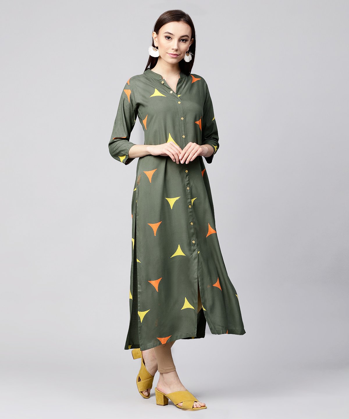 Green Printed 3/4Th Sleeve Cotton Front Open Kurta | LASVINI - Redefining Indian Fashion with Elegance