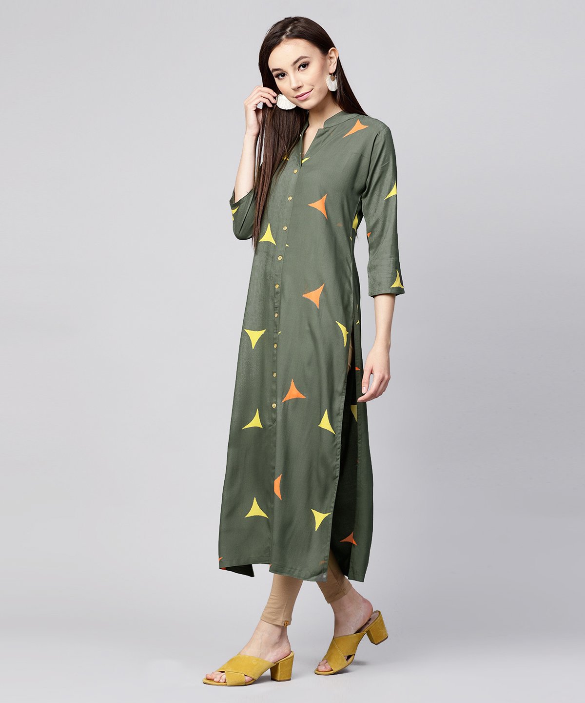 Green Printed 3/4Th Sleeve Cotton Front Open Kurta | LASVINI - Redefining Indian Fashion with Elegance