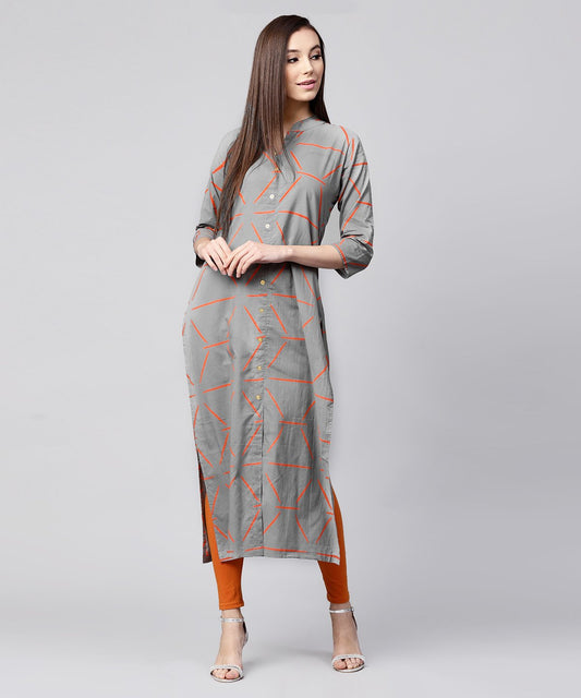 Grey Printed 3/4Th Sleeve Cotton Front Open Kurta | LASVINI - Redefining Indian Fashion with Elegance