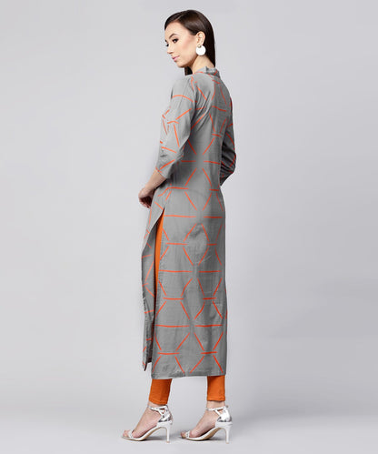 Grey Printed 3/4Th Sleeve Cotton Front Open Kurta | LASVINI - Redefining Indian Fashion with Elegance