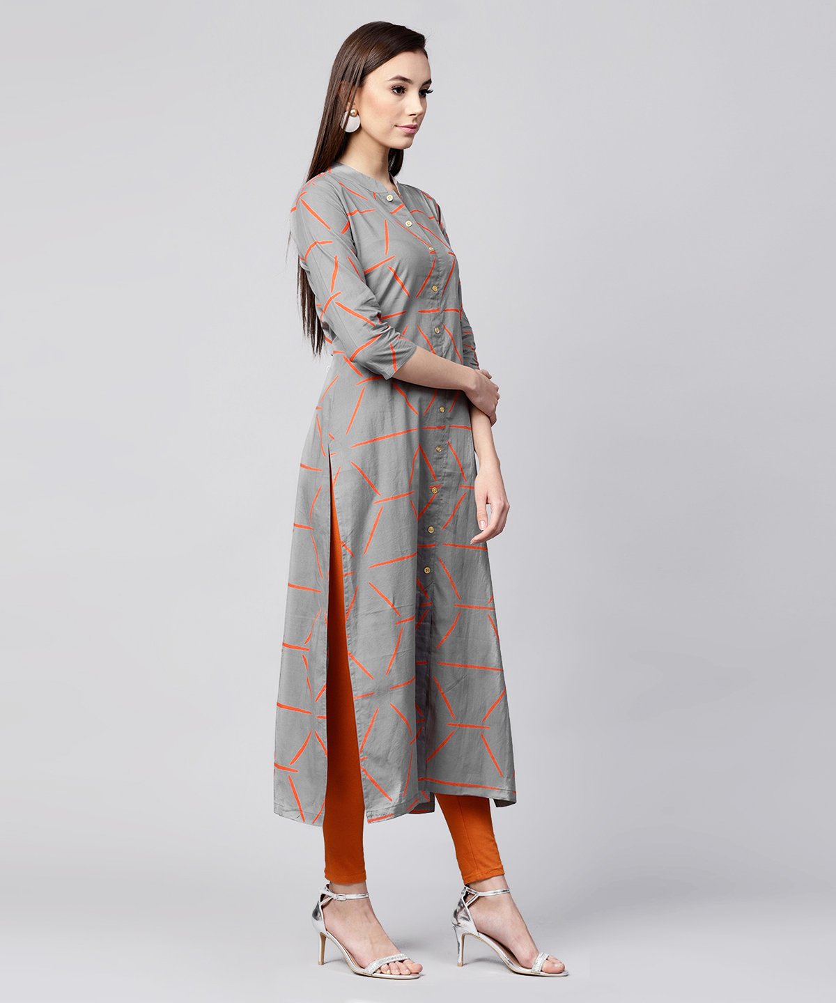 Grey Printed 3/4Th Sleeve Cotton Front Open Kurta | LASVINI - Redefining Indian Fashion with Elegance