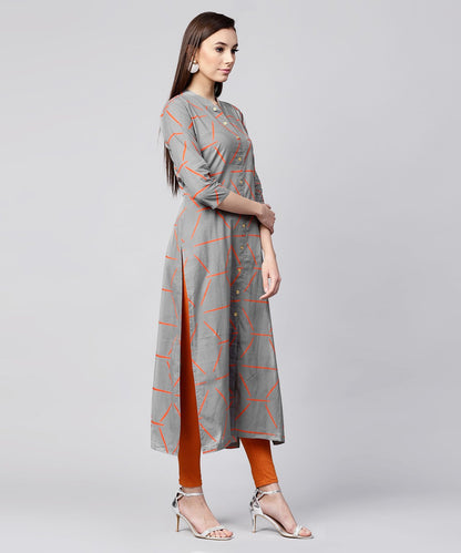 Grey Printed 3/4Th Sleeve Cotton Front Open Kurta | LASVINI - Redefining Indian Fashion with Elegance