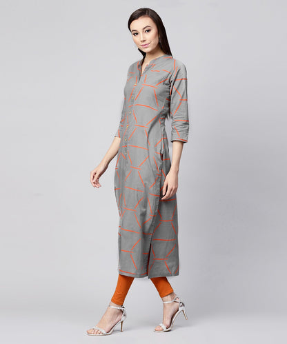 Grey Printed 3/4Th Sleeve Cotton Front Open Kurta | LASVINI - Redefining Indian Fashion with Elegance
