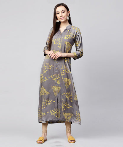 Grey Printed 3/4Th Sleeve Cotton Front Open Kurta | LASVINI - Redefining Indian Fashion with Elegance