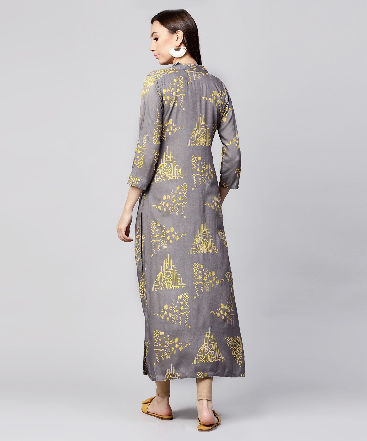 Grey Printed 3/4Th Sleeve Cotton Front Open Kurta | LASVINI - Redefining Indian Fashion with Elegance