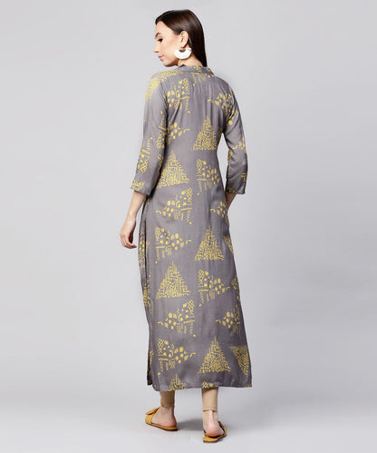 Grey Printed 3/4Th Sleeve Cotton Front Open Kurta | LASVINI - Redefining Indian Fashion with Elegance