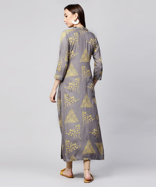 Grey Printed 3/4Th Sleeve Cotton Front Open Kurta | LASVINI - Redefining Indian Fashion with Elegance