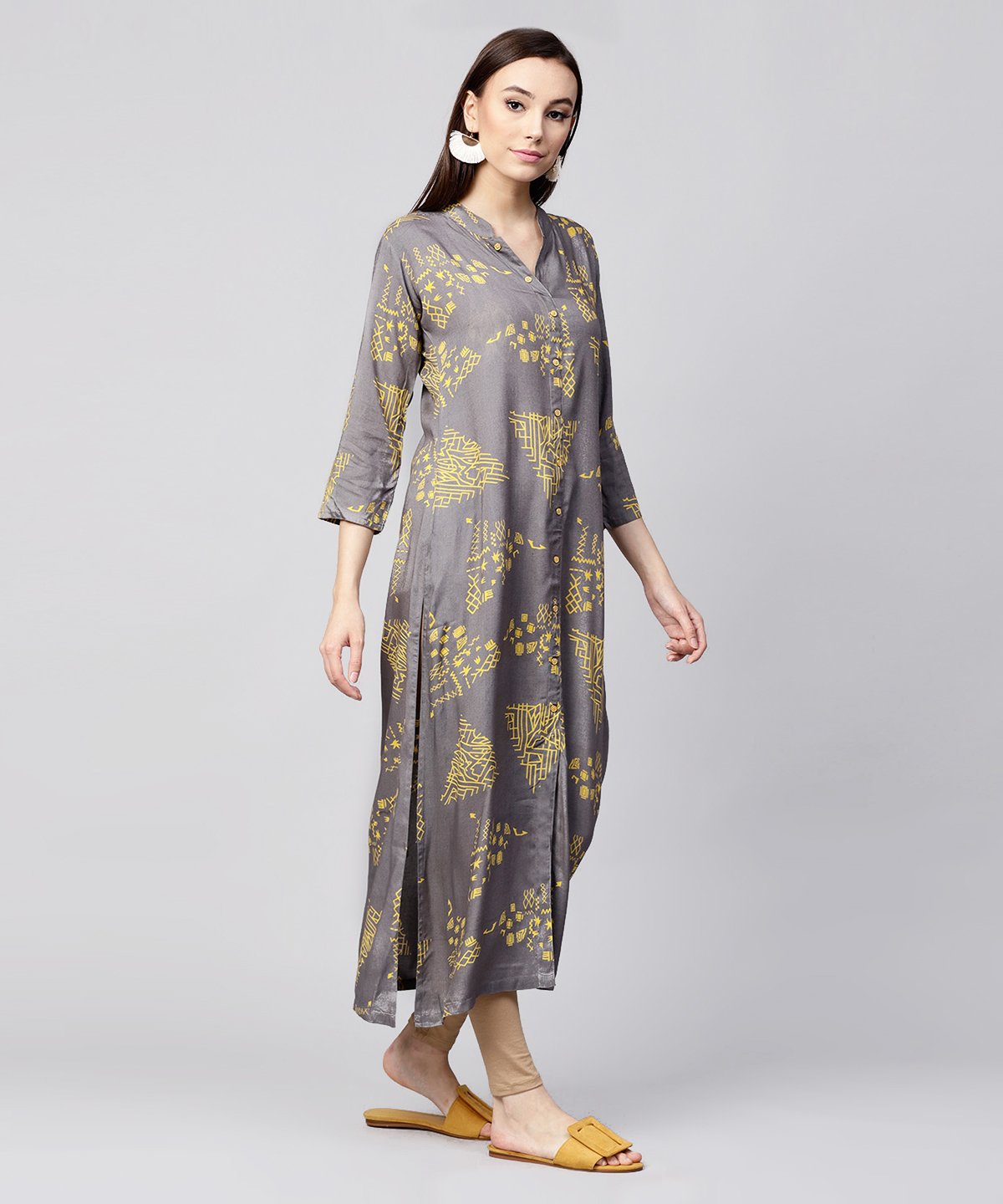 Grey Printed 3/4Th Sleeve Cotton Front Open Kurta | LASVINI - Redefining Indian Fashion with Elegance
