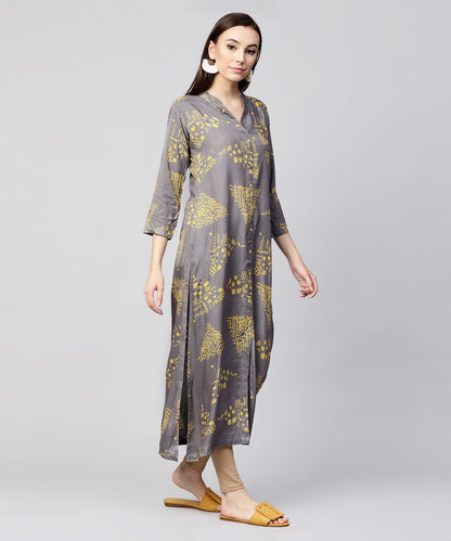 Grey Printed 3/4Th Sleeve Cotton Front Open Kurta | LASVINI - Redefining Indian Fashion with Elegance