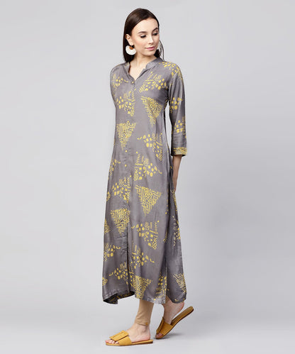 Grey Printed 3/4Th Sleeve Cotton Front Open Kurta | LASVINI - Redefining Indian Fashion with Elegance