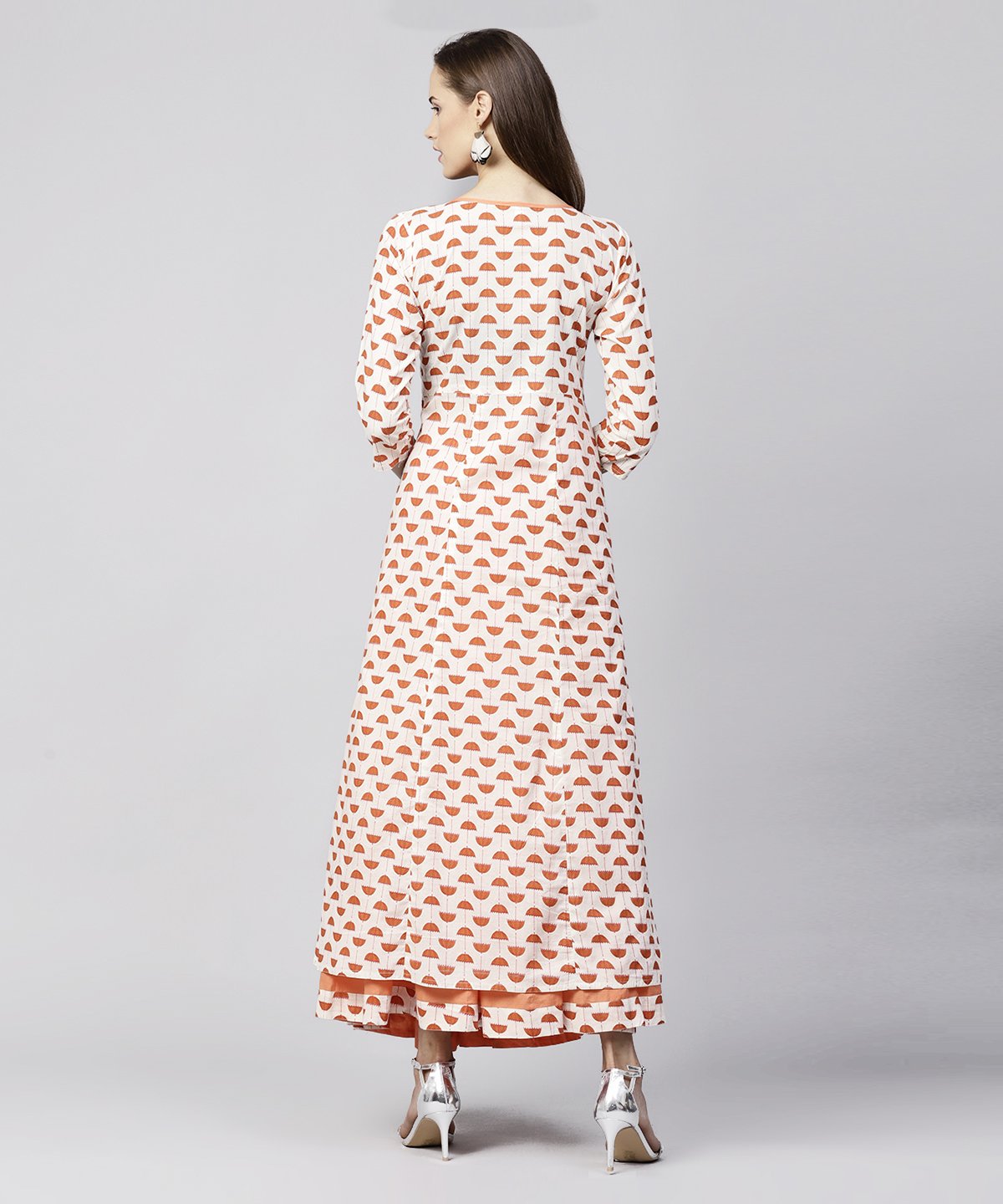 Off White Printed 3/4Th Sleeve Cotton Kurta With Ankle Length Flared Skirt | LASVINI - Redefining Indian Fashion with Elegance