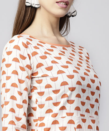 Off White Printed 3/4Th Sleeve Cotton Kurta With Ankle Length Flared Skirt | LASVINI - Redefining Indian Fashion with Elegance