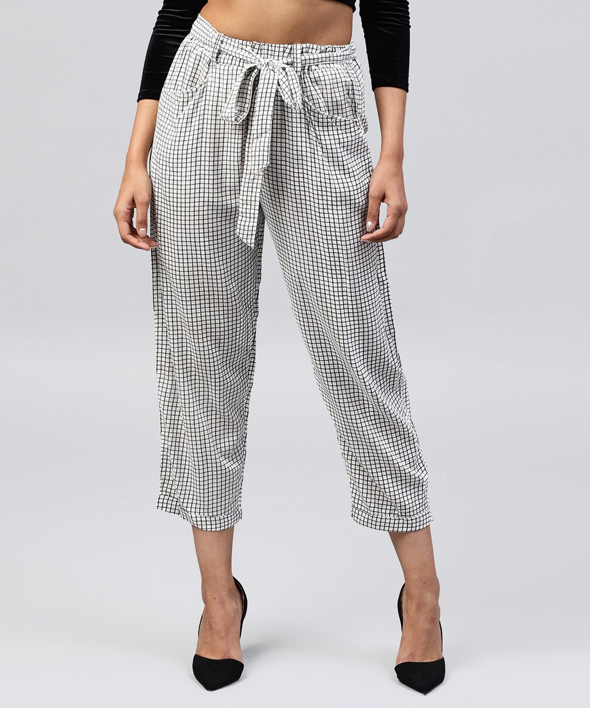White & Black Small Checked Cotton Ankle Length Trouser | LASVINI - Redefining Indian Fashion with Elegance