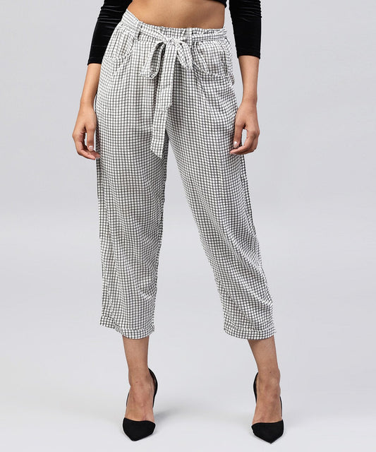 White & Black Small Checked Cotton Ankle Length Trouser | LASVINI - Redefining Indian Fashion with Elegance