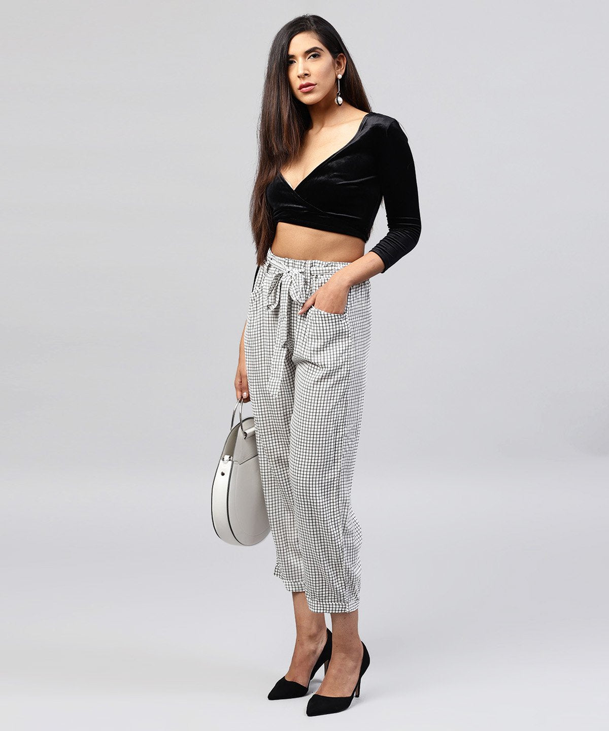 White & Black Small Checked Cotton Ankle Length Trouser | LASVINI - Redefining Indian Fashion with Elegance