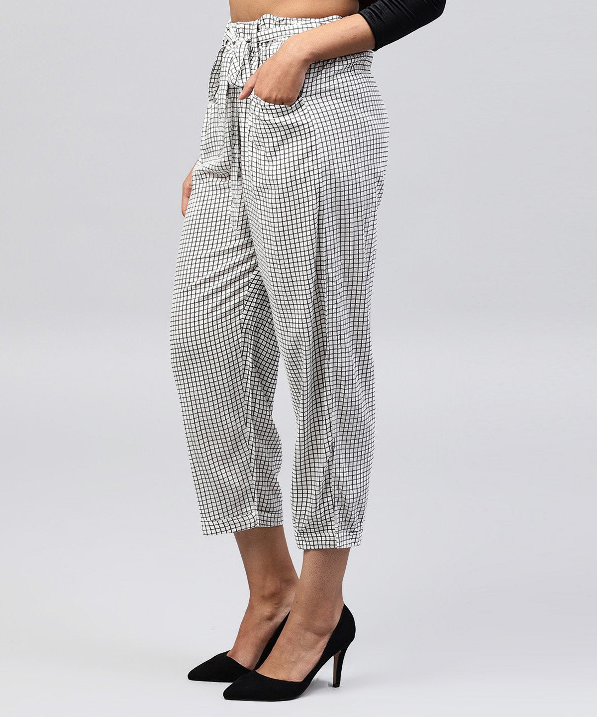 White & Black Small Checked Cotton Ankle Length Trouser | LASVINI - Redefining Indian Fashion with Elegance