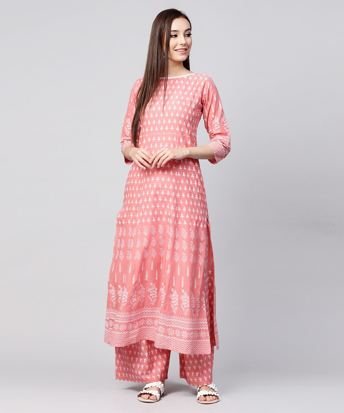 Peach Printed 3/4Th Sleeve Cotton Kurta With Ankle Length Printed Pallazo | LASVINI - Redefining Indian Fashion with Elegance