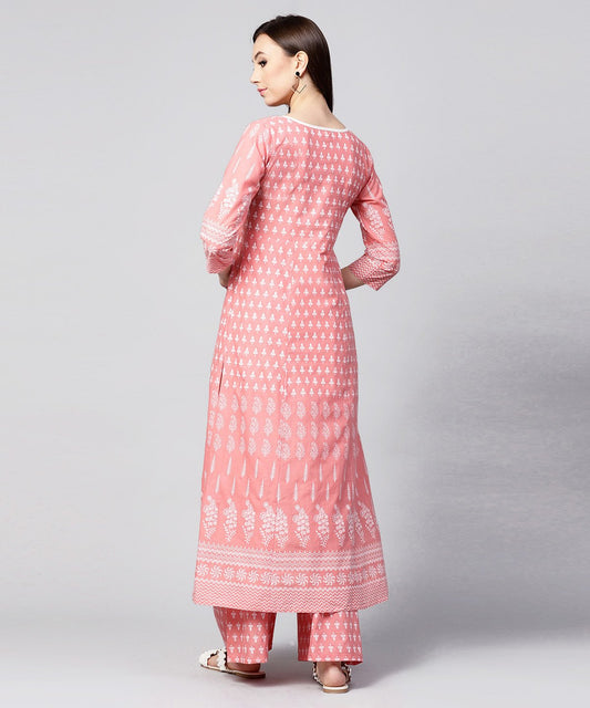Peach Printed 3/4Th Sleeve Cotton Kurta With Ankle Length Printed Pallazo | LASVINI - Redefining Indian Fashion with Elegance