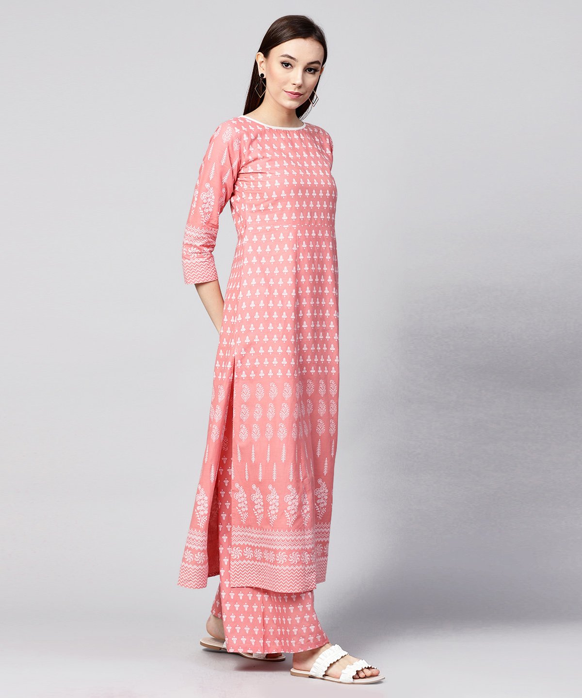 Peach Printed 3/4Th Sleeve Cotton Kurta With Ankle Length Printed Pallazo | LASVINI - Redefining Indian Fashion with Elegance