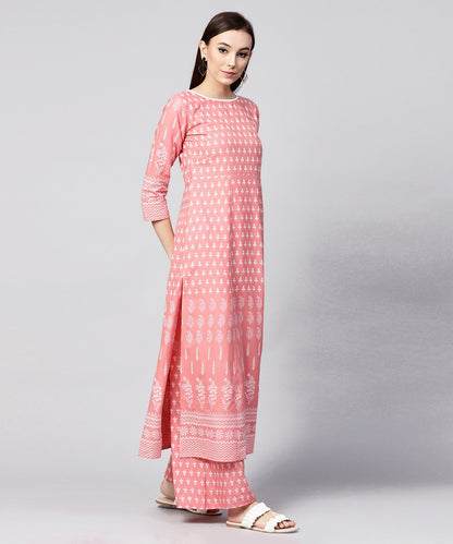 Peach Printed 3/4Th Sleeve Cotton Kurta With Ankle Length Printed Pallazo | LASVINI - Redefining Indian Fashion with Elegance