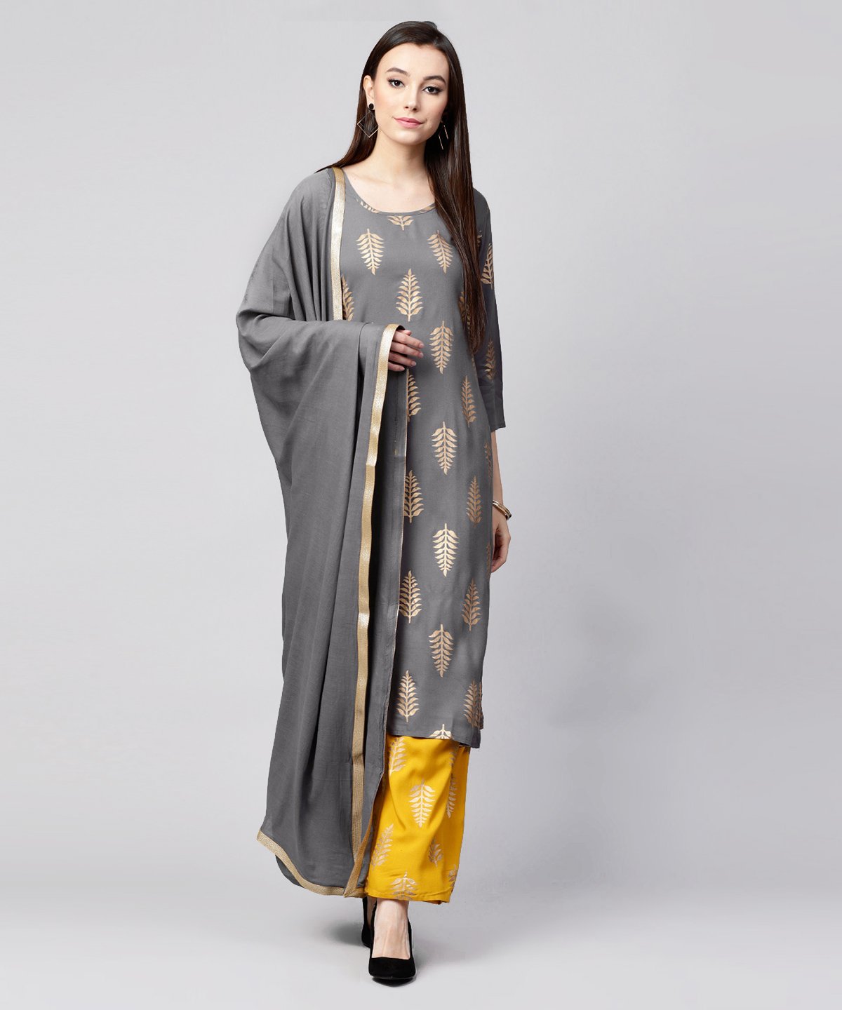 Grey Printed 3/4Th Sleeve Cotton Kurta With Yellow Printed Pallazo And Grey Dupatta | LASVINI - Redefining Indian Fashion with Elegance