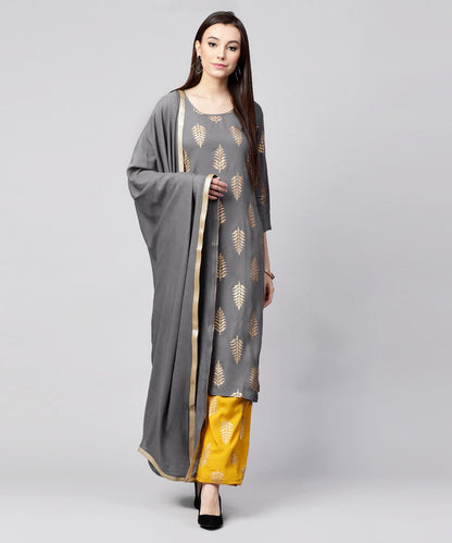 Grey Printed 3/4Th Sleeve Cotton Kurta With Yellow Printed Pallazo And Grey Dupatta | LASVINI - Redefining Indian Fashion with Elegance