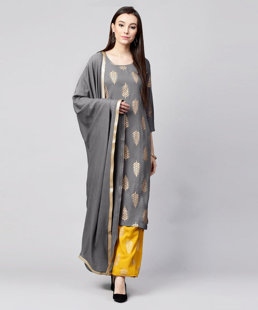 Grey Printed 3/4Th Sleeve Cotton Kurta With Yellow Printed Pallazo And Grey Dupatta | LASVINI - Redefining Indian Fashion with Elegance