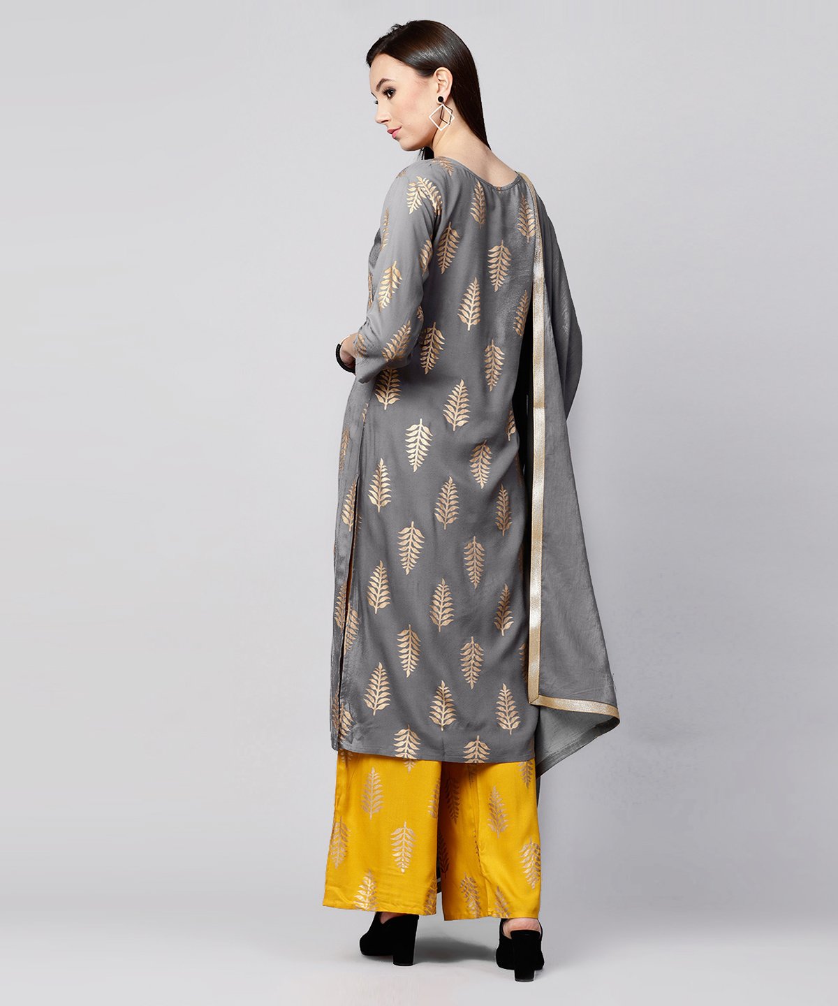 Grey Printed 3/4Th Sleeve Cotton Kurta With Yellow Printed Pallazo And Grey Dupatta | LASVINI - Redefining Indian Fashion with Elegance