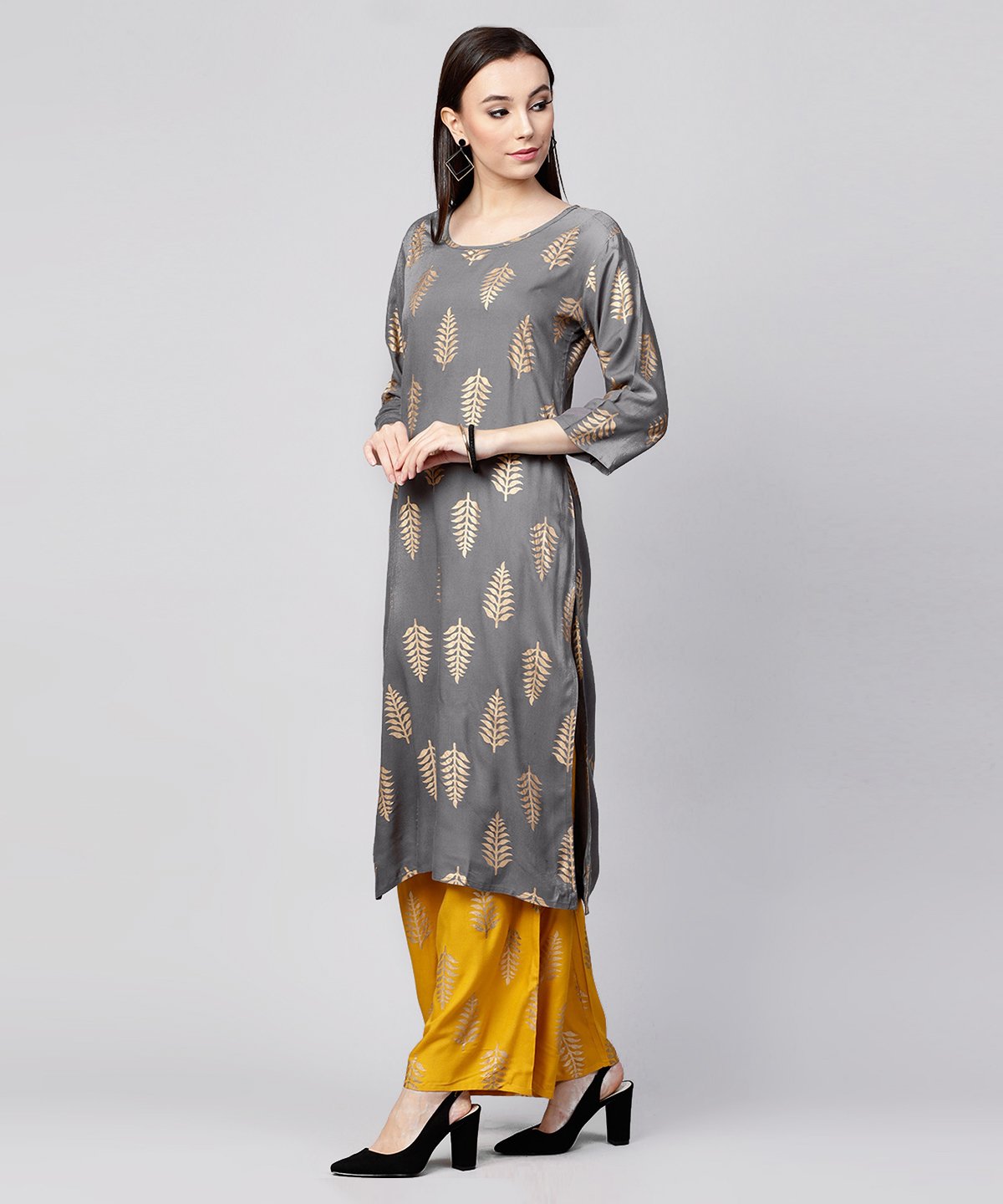 Grey Printed 3/4Th Sleeve Cotton Kurta With Yellow Printed Pallazo And Grey Dupatta | LASVINI - Redefining Indian Fashion with Elegance