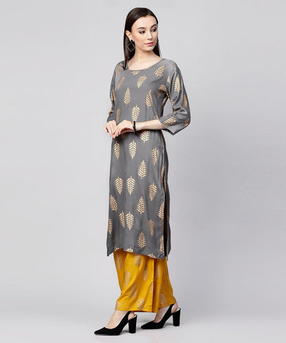 Grey Printed 3/4Th Sleeve Cotton Kurta With Yellow Printed Pallazo And Grey Dupatta | LASVINI - Redefining Indian Fashion with Elegance
