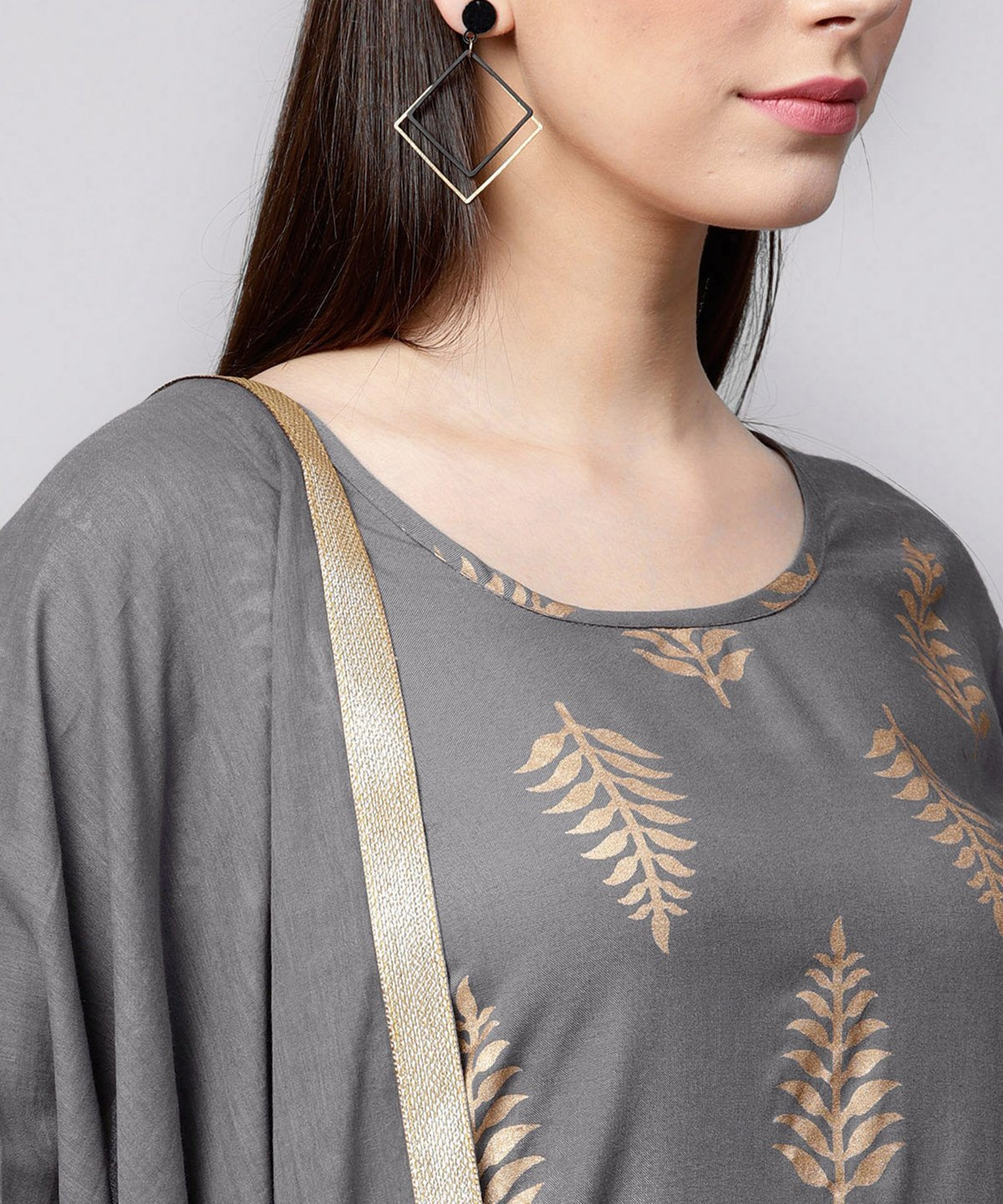 Grey Printed 3/4Th Sleeve Cotton Kurta With Yellow Printed Pallazo And Grey Dupatta | LASVINI - Redefining Indian Fashion with Elegance