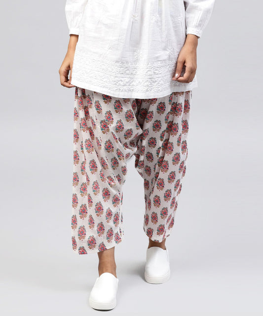 White Printed Ankle Length Cotton Salwar | LASVINI - Redefining Indian Fashion with Elegance