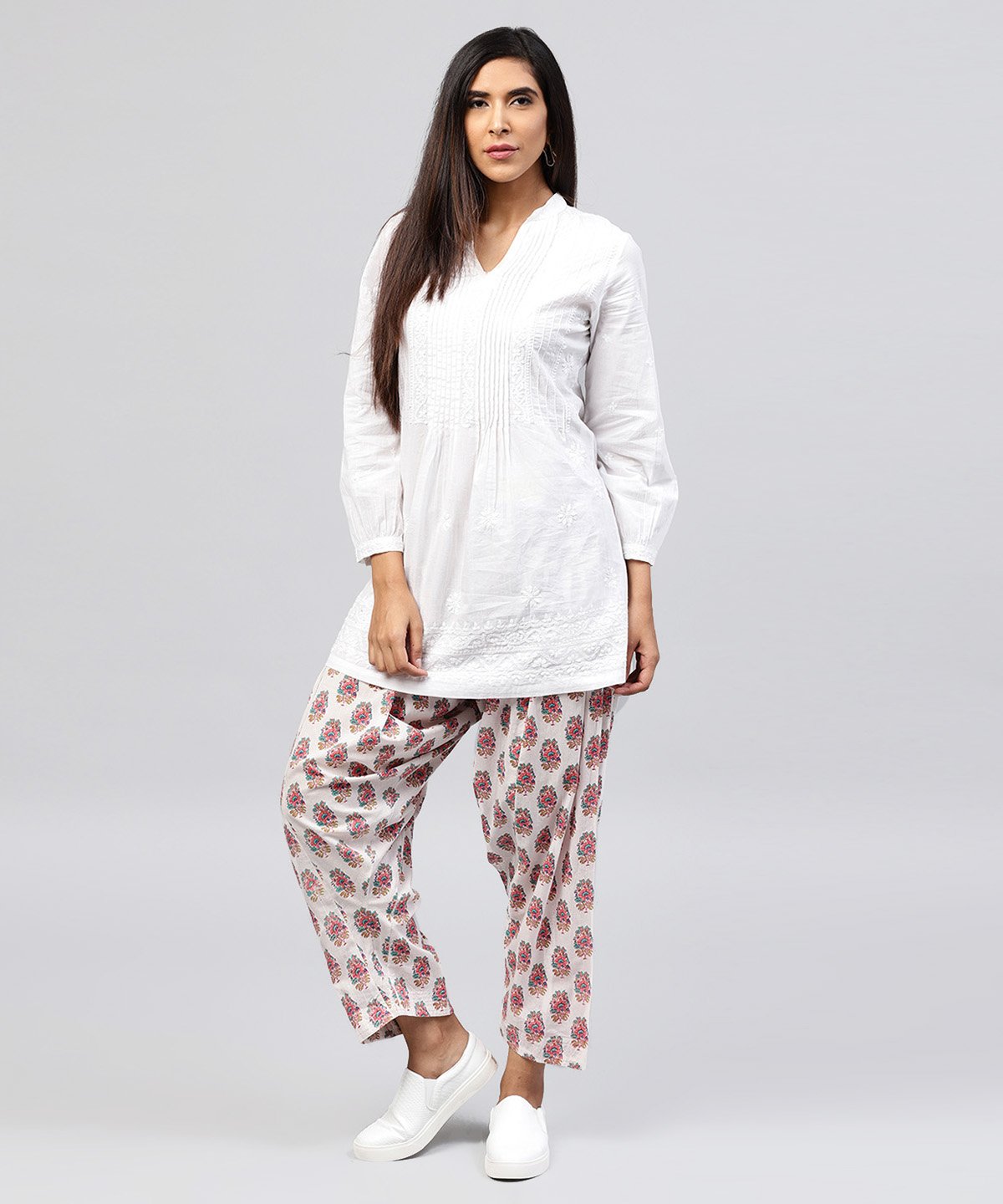 White Printed Ankle Length Cotton Salwar | LASVINI - Redefining Indian Fashion with Elegance