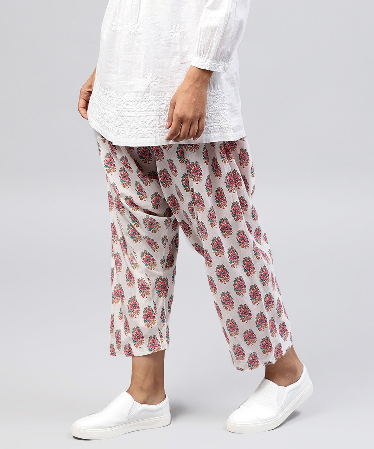 White Printed Ankle Length Cotton Salwar | LASVINI - Redefining Indian Fashion with Elegance